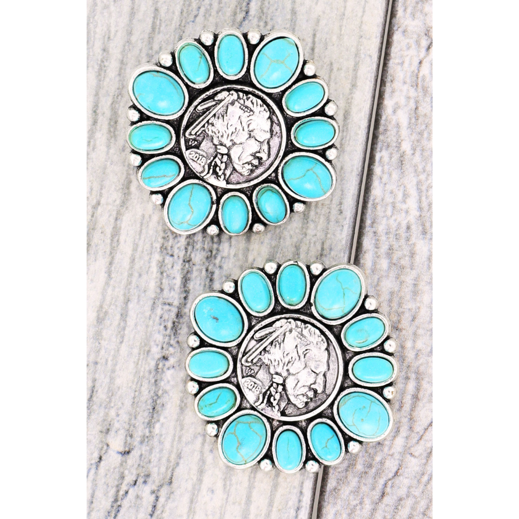 WESTERN TURQUOISE SEMI STONE BUFFALO COIN DROP EARRINGS