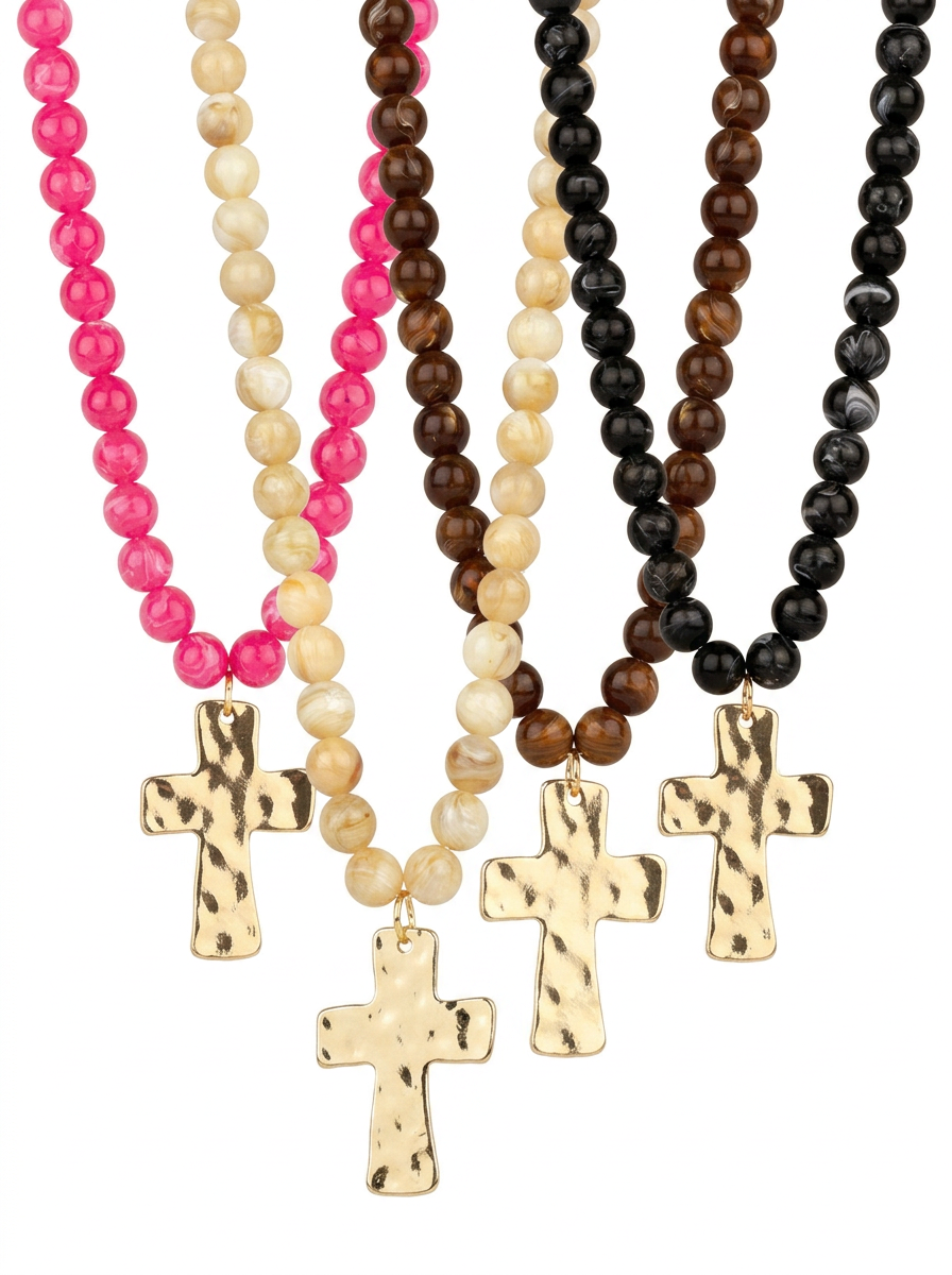 Marble Finish Resin Bead 18" Cross Necklaces - 4 Colors