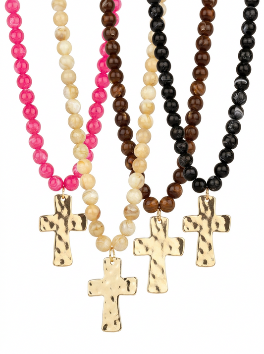Marble Finish Resin Bead 18" Cross Necklaces - 4 Colors