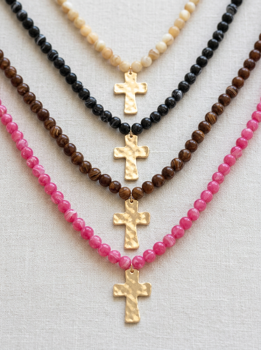 Marble Finish Resin Bead 18" Cross Necklaces - 4 Colors