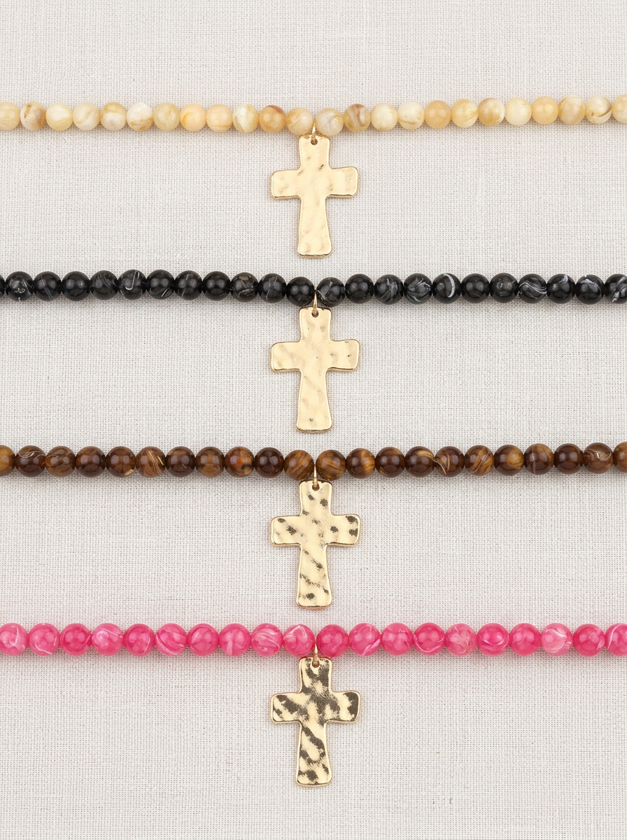 Marble Finish Resin Bead 18" Cross Necklaces - 4 Colors