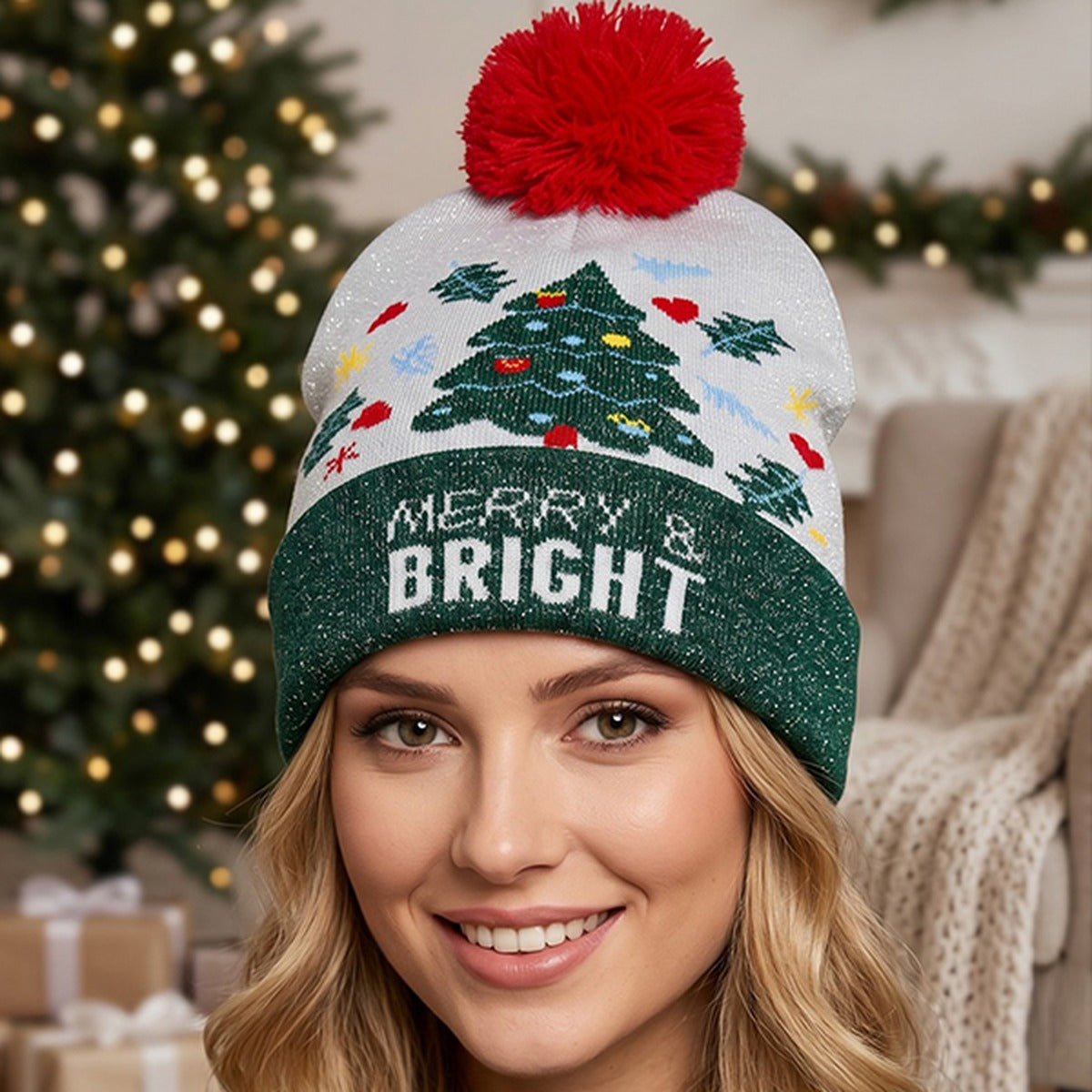 Merry & Bright Christmas Pom Pom Knit Beanie - Green