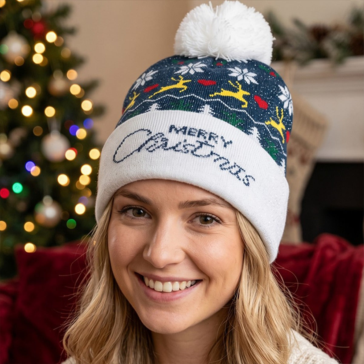 Merry Christmas Pom Pom Knit Beanie - Green