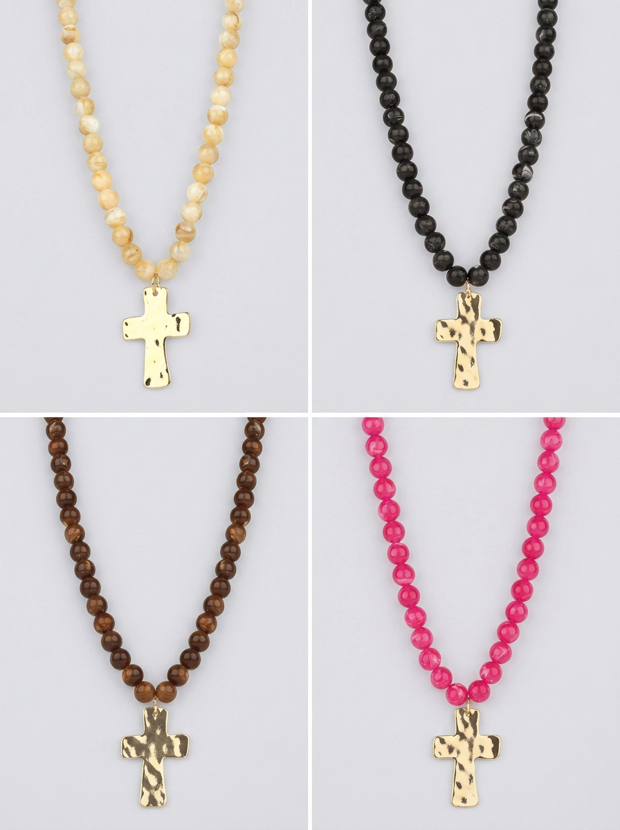 Marble Finish Resin Bead 18" Cross Necklaces - 4 Colors
