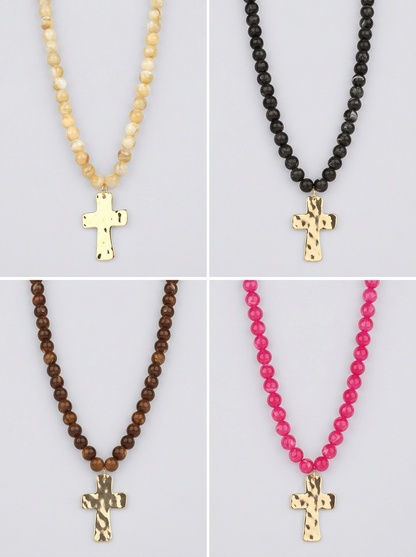 Marble Finish Resin Bead 18" Cross Necklaces - 4 Colors