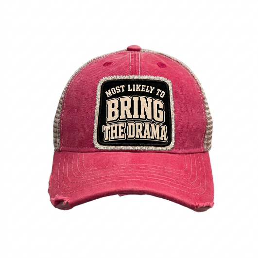 MOST LIKELY TO BRING THE DRAMA distressed trucker hat - Red