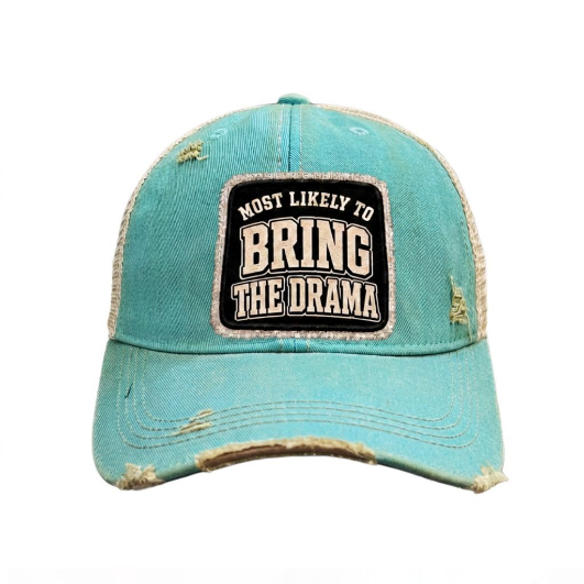 MOST LIKELY TO BRING THE DRAMA distressed trucker hat - Turquoise