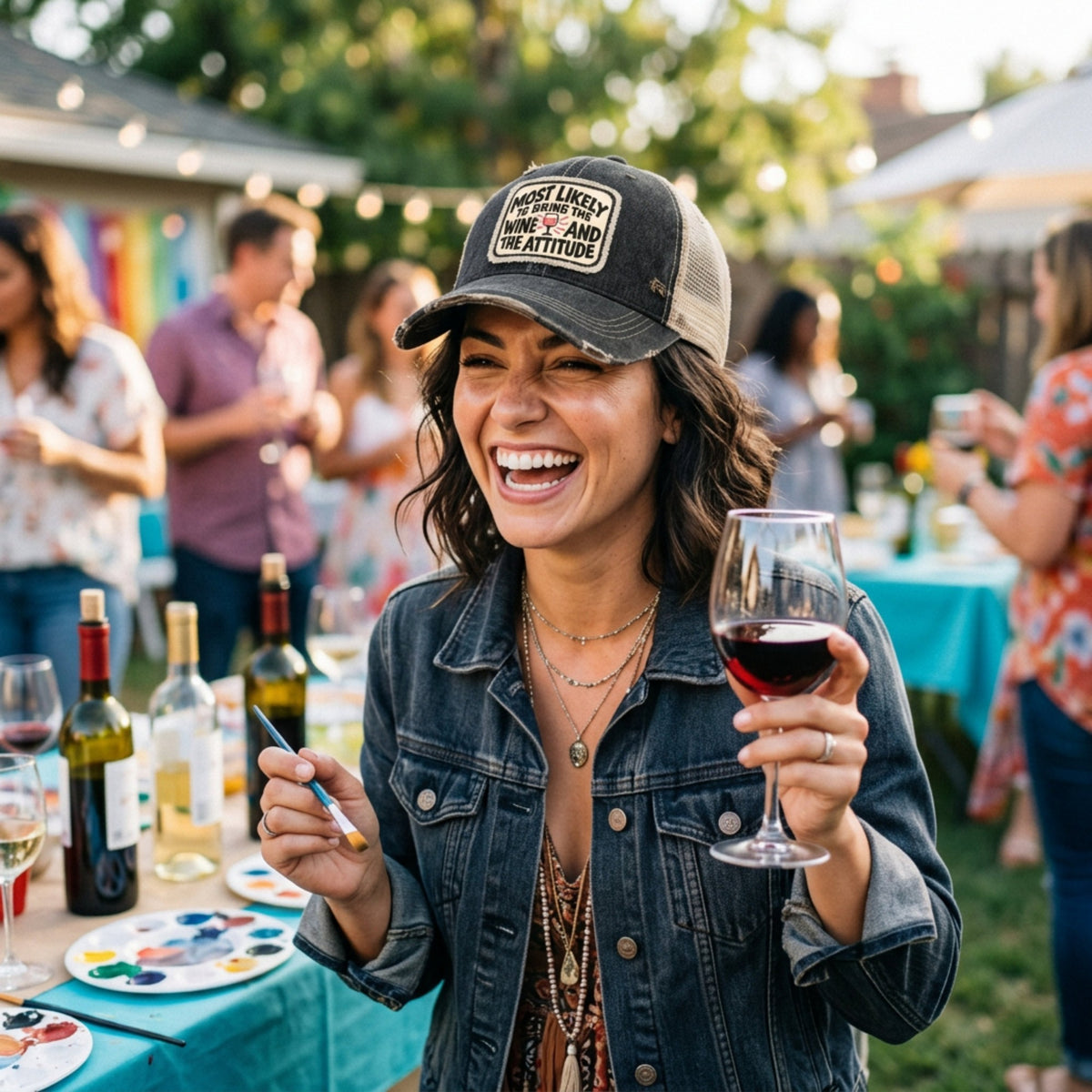 Woman laughing at a backyard party holding a glass of red wine, wearing the black MOST LIKELY TO BRING THE WINE AND THE ATTITUDE trucker hat