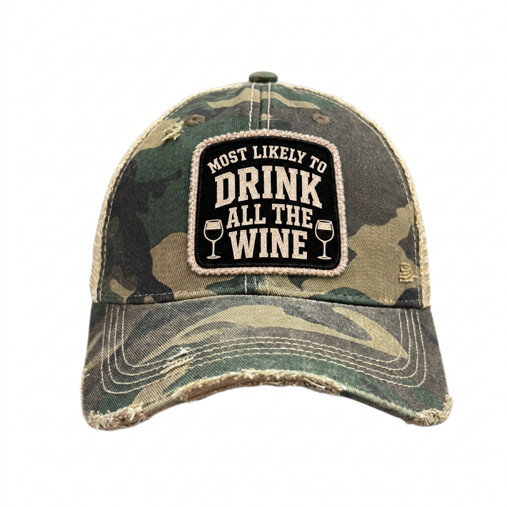 MOST LIKELY TO DRINK ALL THE WINE distressed trucker hat - Camo