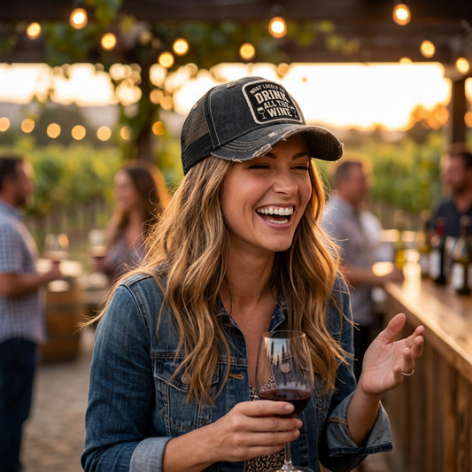 Woman at a winery wearing the black MOST LIKELY TO DRINK ALL THE WINE trucker hat