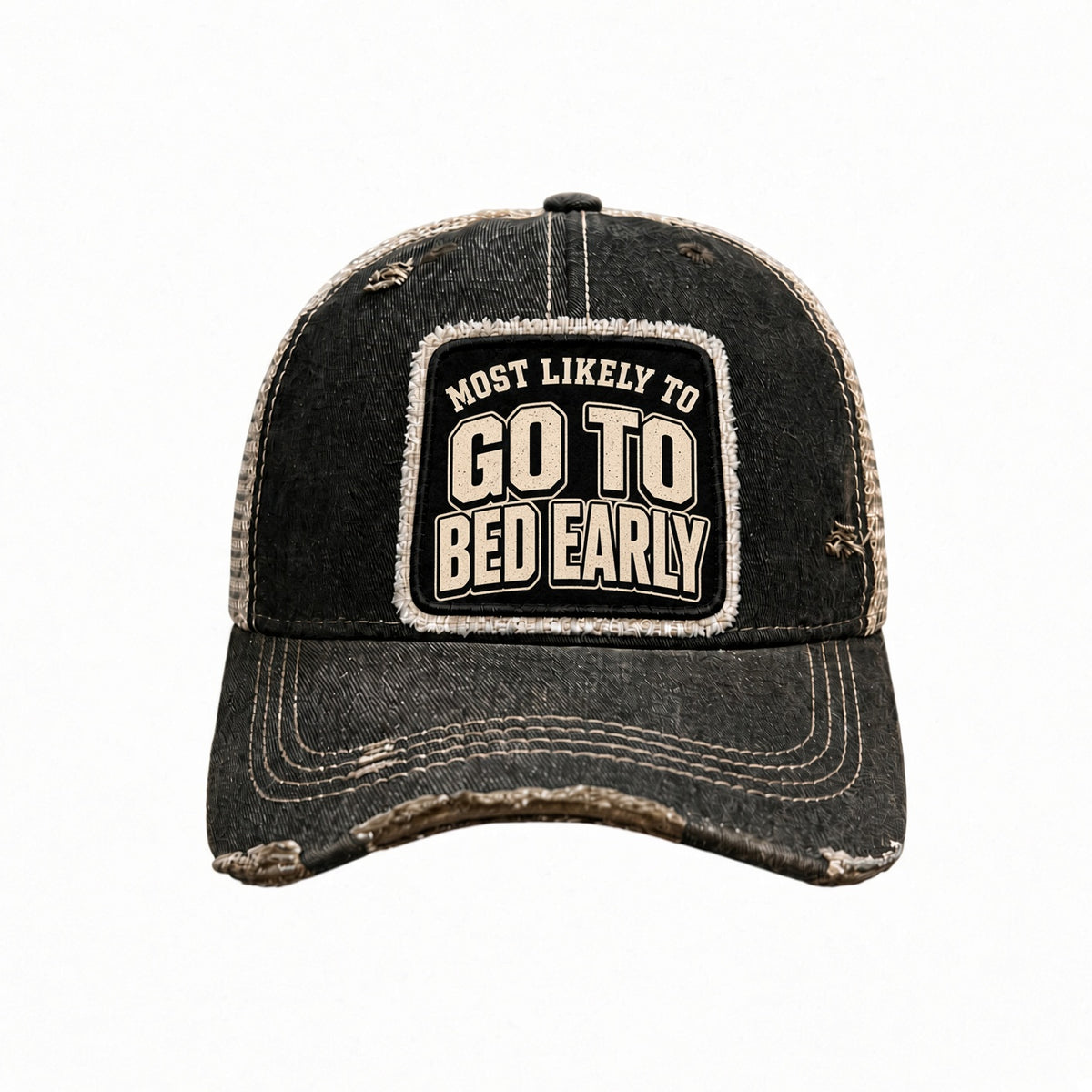 MOST LIKELY TO GO TO BED EARLY distressed trucker hat - Black, alternate view
