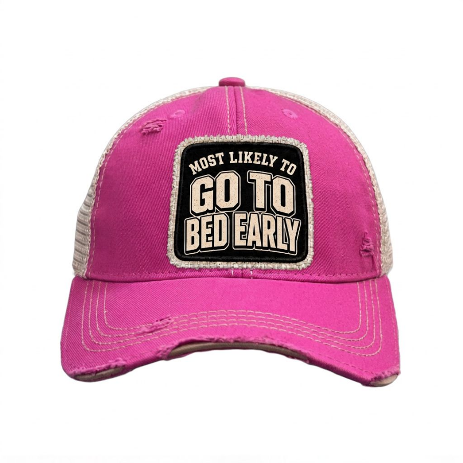 MOST LIKELY TO GO TO BED EARLY distressed trucker hat - Hot Pink