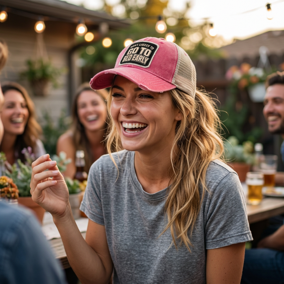 Woman at a backyard party wearing the red MOST LIKELY TO GO TO BED EARLY trucker hat