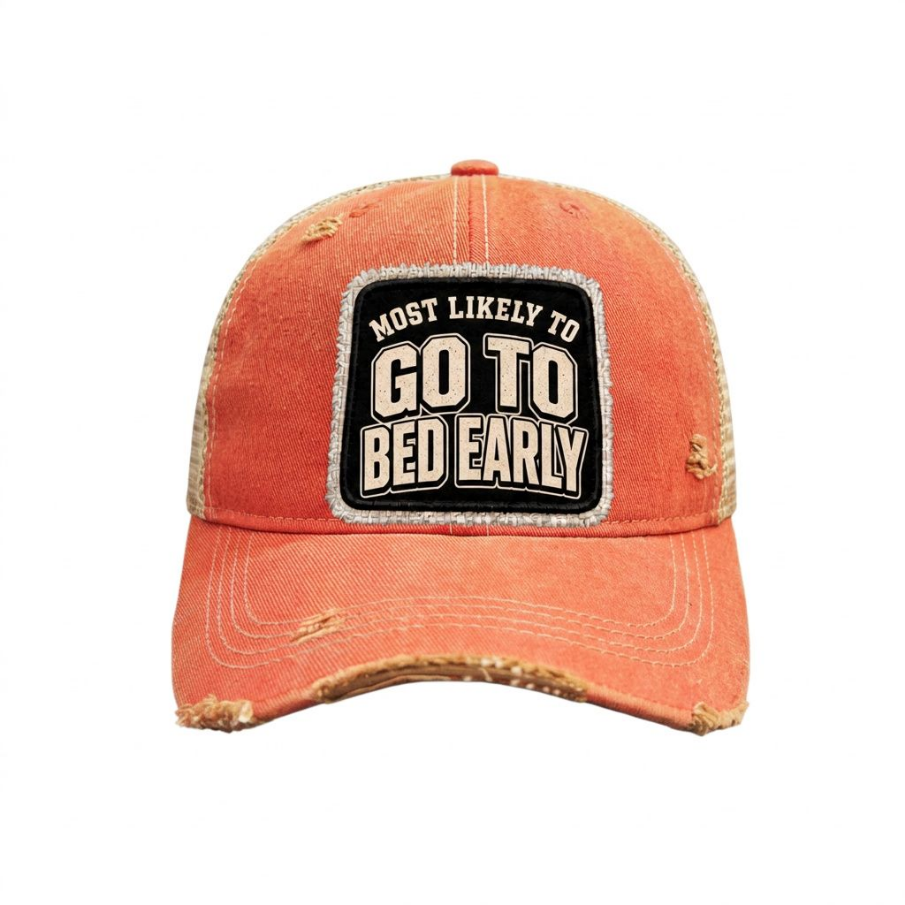 MOST LIKELY TO GO TO BED EARLY distressed trucker hat - Orange