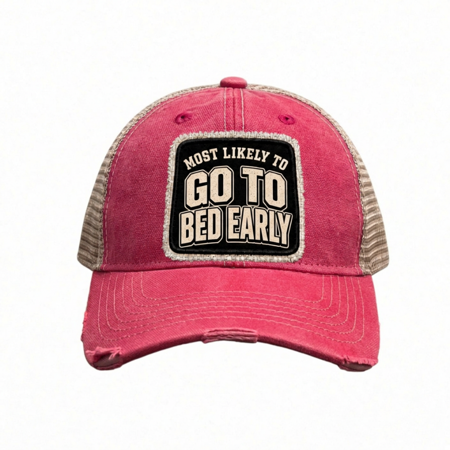 MOST LIKELY TO GO TO BED EARLY distressed trucker hat - Red