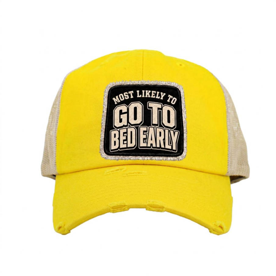 MOST LIKELY TO GO TO BED EARLY distressed trucker hat - Yellow