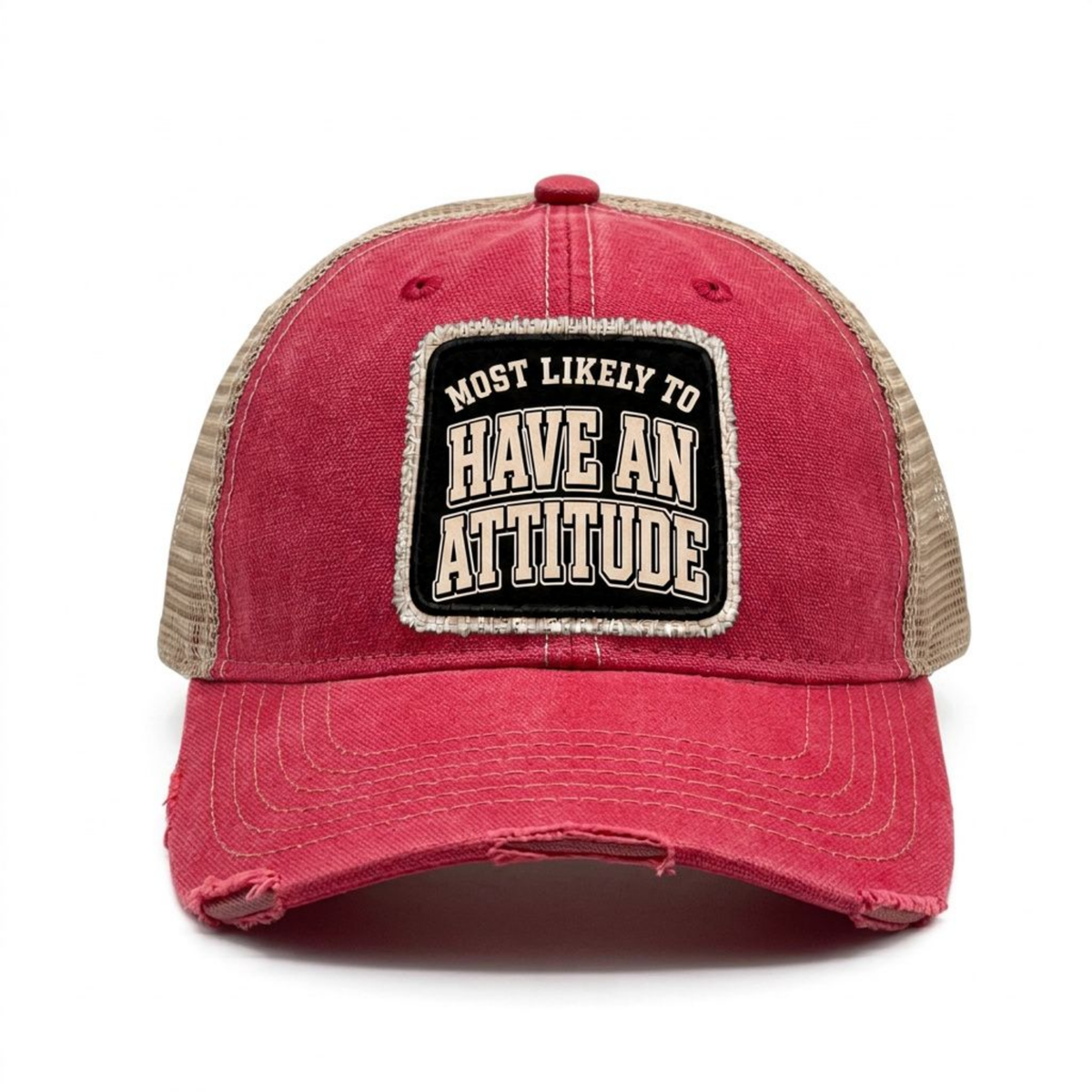MOST LIKELY TO HAVE AN ATTITUDE distressed trucker hat - Red