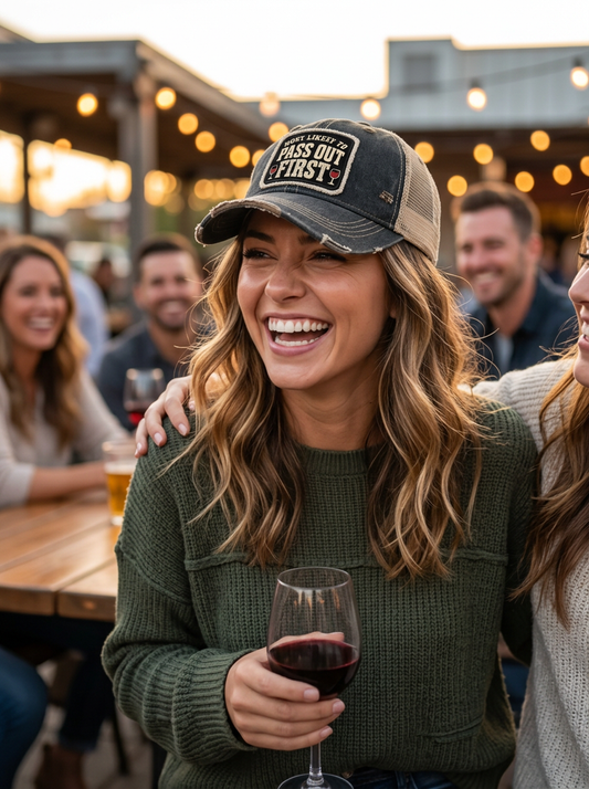 Woman at a wine night wearing the black MOST LIKELY TO PASS OUT FIRST patch trucker hat