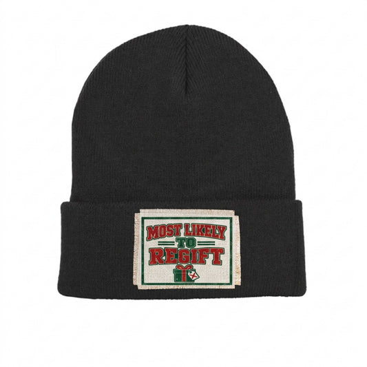 MOST LIKELY TO REGIFT black cuffed beanie with frayed patch