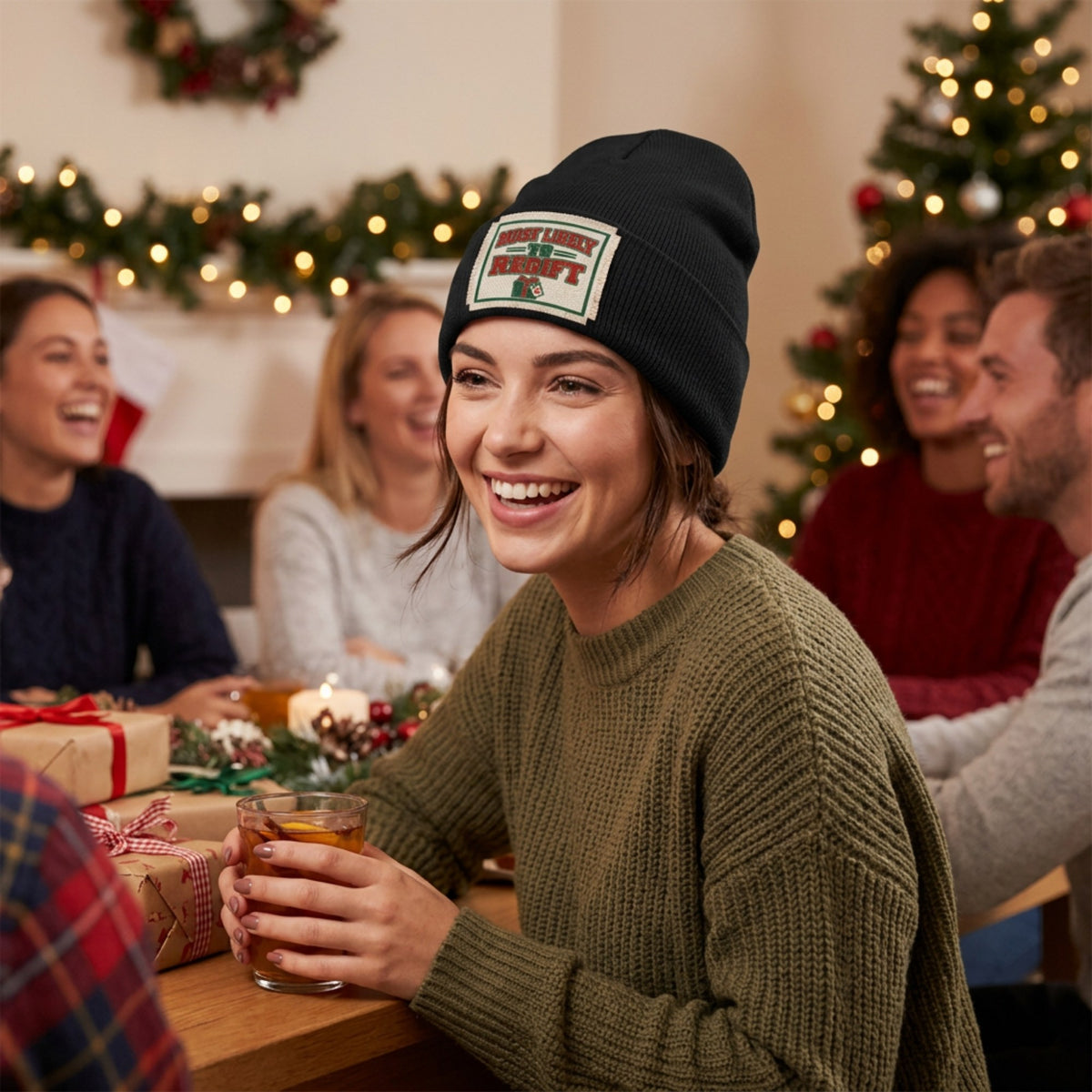 Woman laughing at a holiday party wearing the black MOST LIKELY TO REGIFT beanie