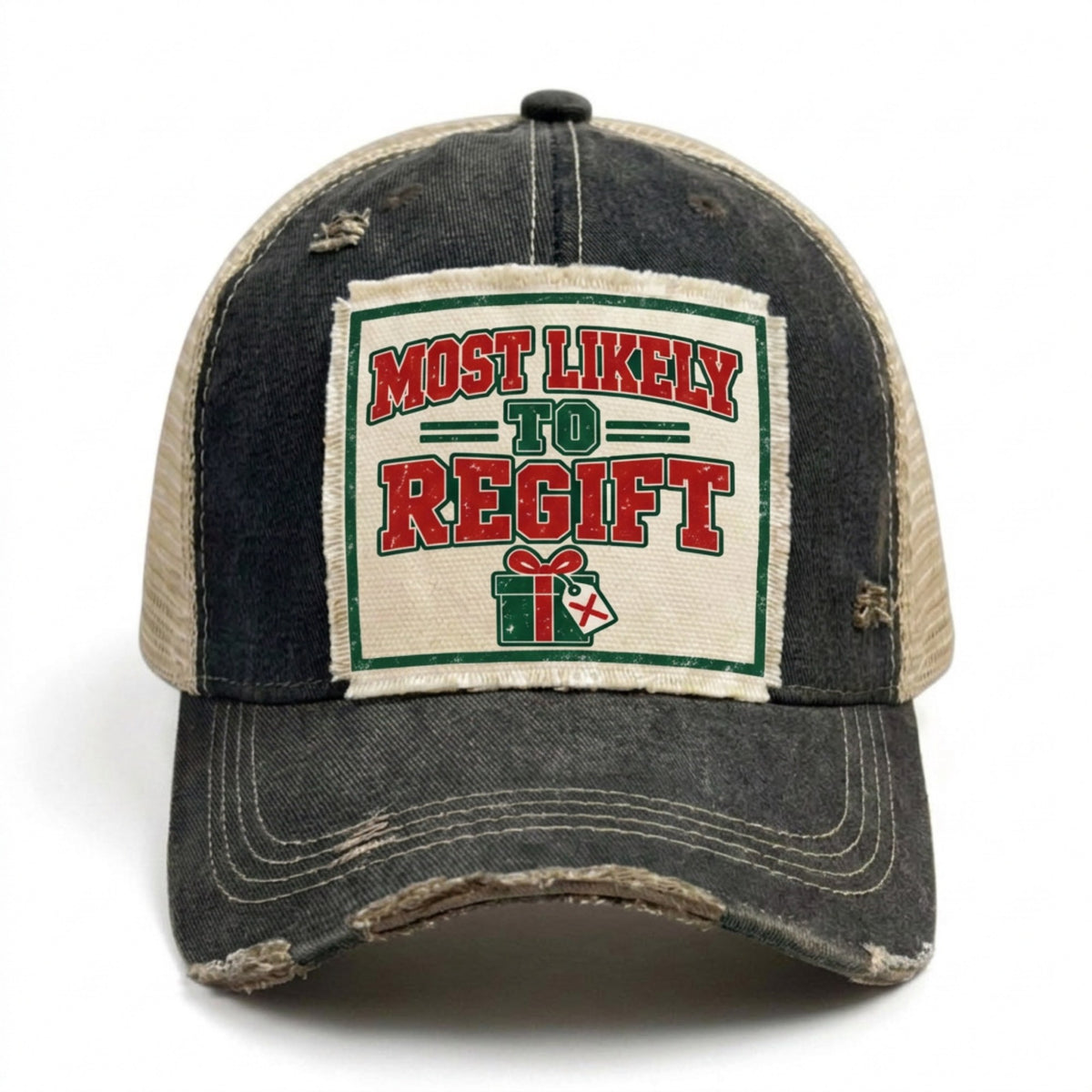 MOST LIKELY TO REGIFT distressed Christmas trucker hat - Black