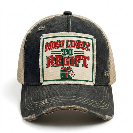 MOST LIKELY TO REGIFT distressed Christmas trucker hat - Black