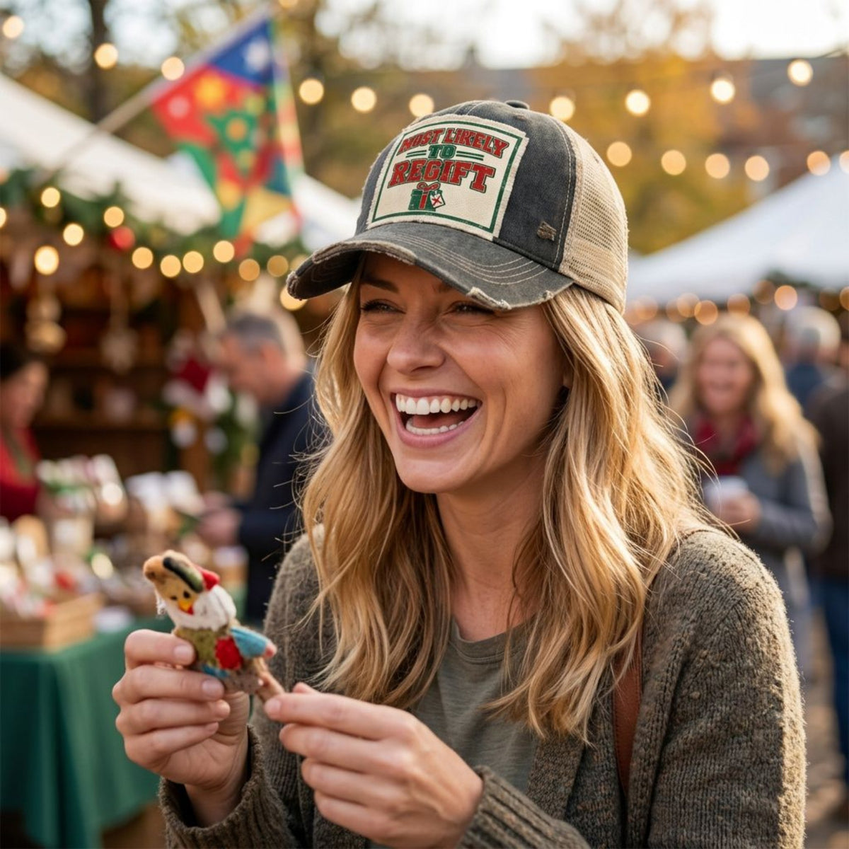 Woman laughing at a holiday market wearing the black MOST LIKELY TO REGIFT trucker hat
