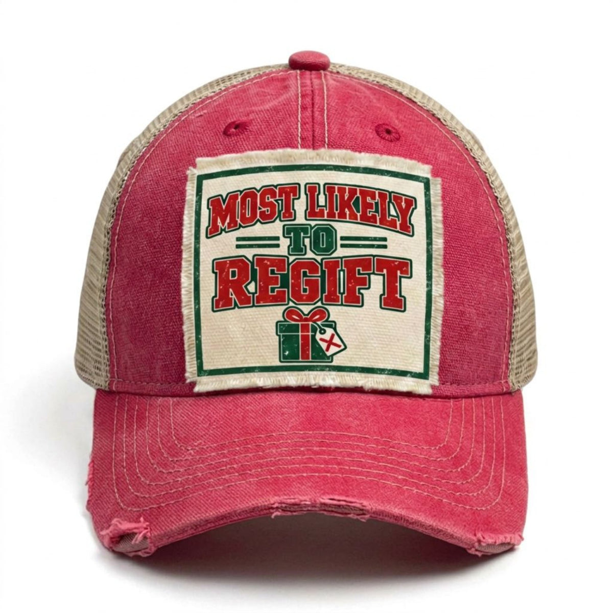 MOST LIKELY TO REGIFT distressed Christmas trucker hat - Red