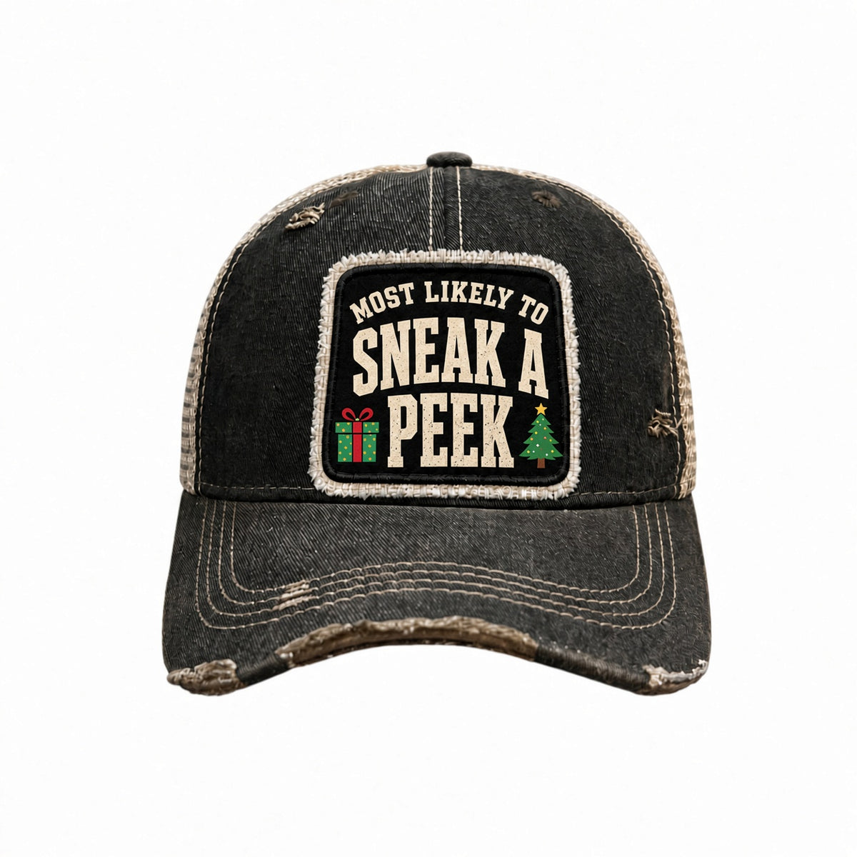 MOST LIKELY TO SNEAK A PEEK distressed Christmas trucker hat - Black
