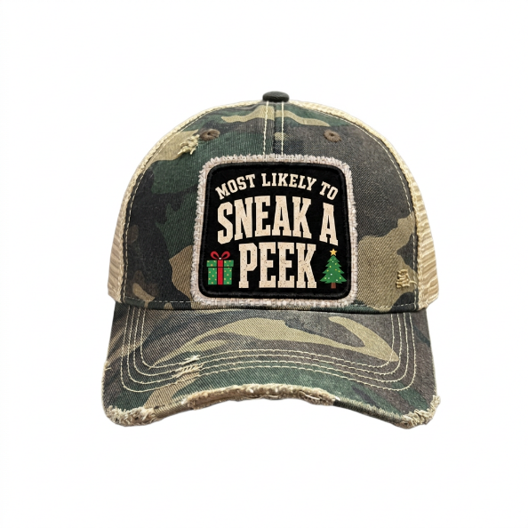MOST LIKELY TO SNEAK A PEEK distressed Christmas trucker hat - Camo