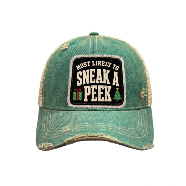 MOST LIKELY TO SNEAK A PEEK distressed Christmas trucker hat - Green
