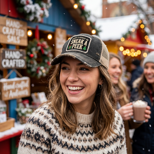 Woman at a Christmas market wearing the black MOST LIKELY TO SNEAK A PEEK trucker hat