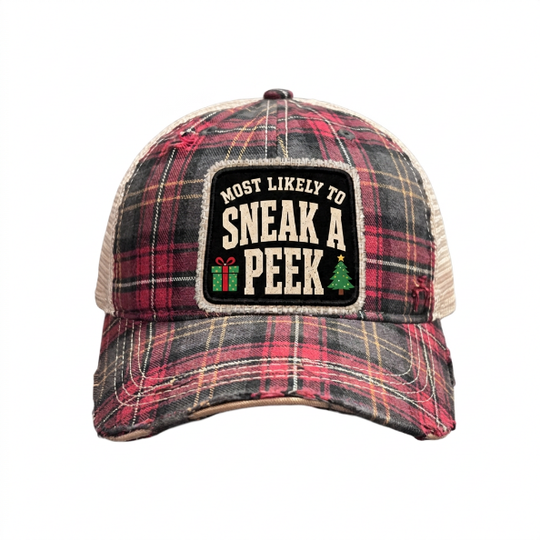 MOST LIKELY TO SNEAK A PEEK distressed Christmas trucker hat - Plaid