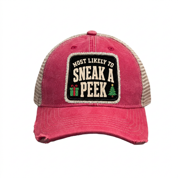 MOST LIKELY TO SNEAK A PEEK distressed Christmas trucker hat - Red