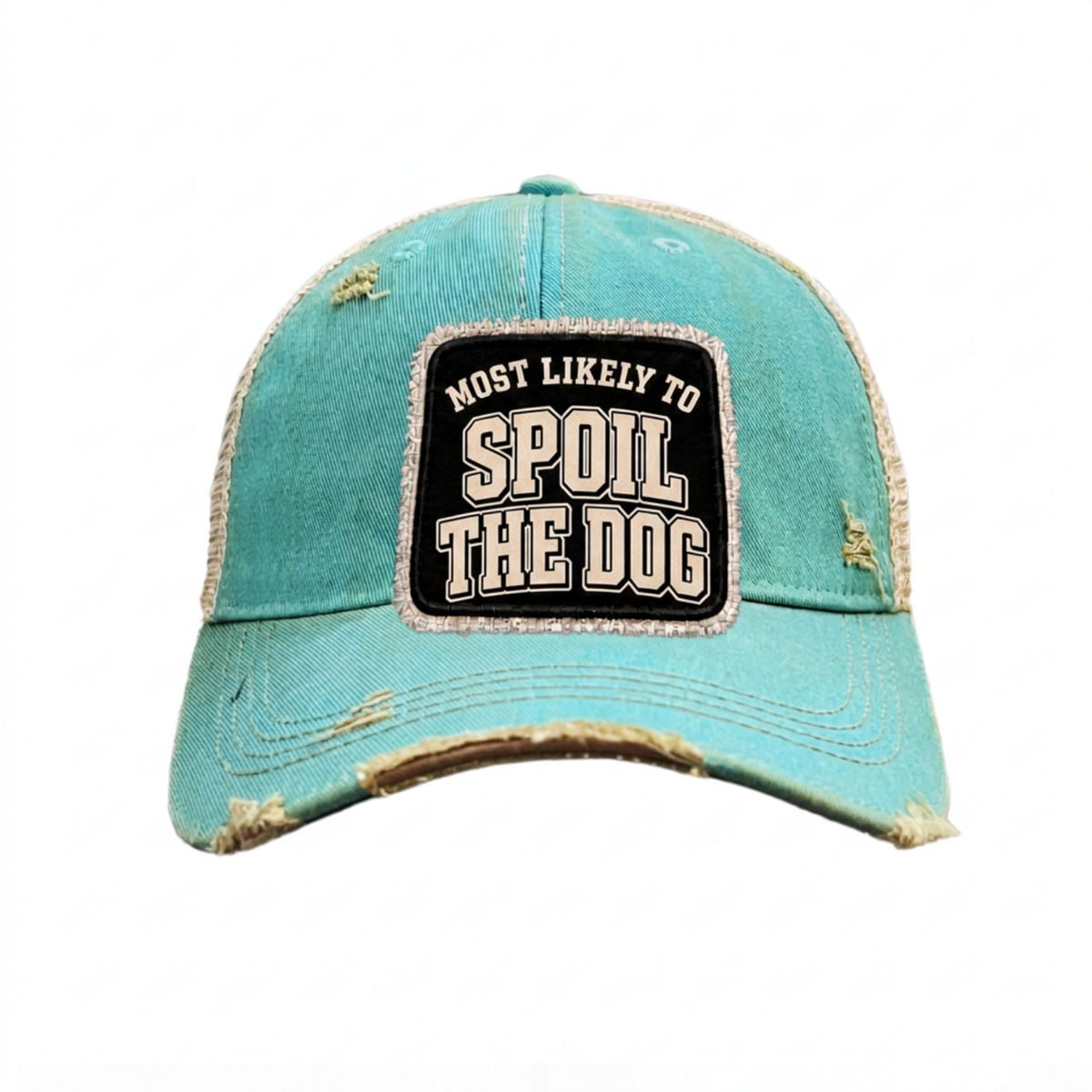 MOST LIKELY TO SPOIL THE DOG distressed trucker hat - Turquoise