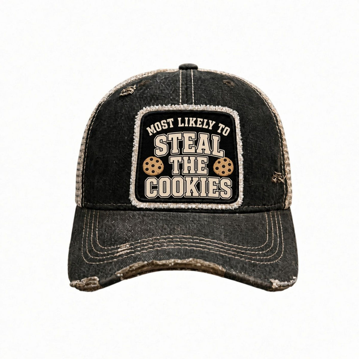 MOST LIKELY TO STEAL THE COOKIES distressed trucker hat - Black