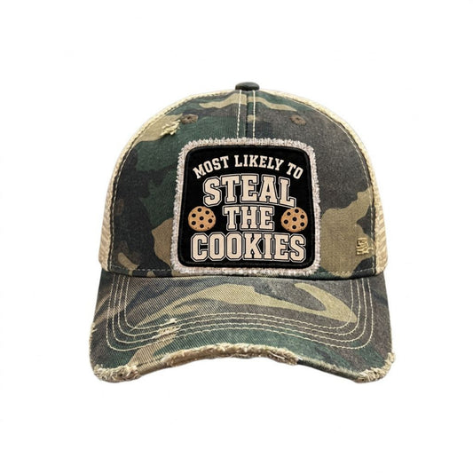 MOST LIKELY TO STEAL THE COOKIES distressed trucker hat - Camo
