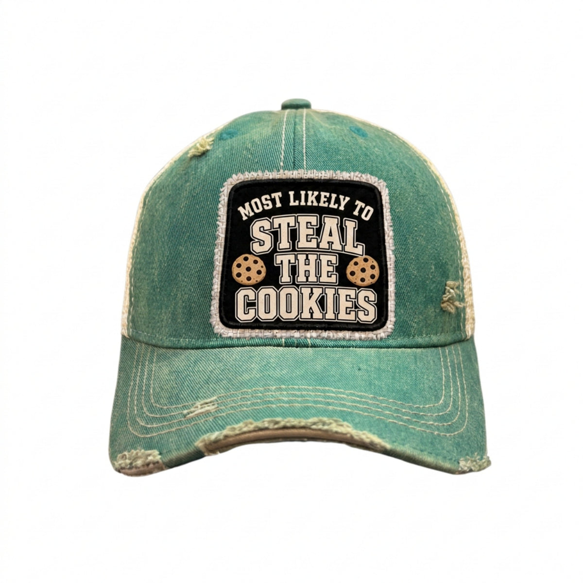 MOST LIKELY TO STEAL THE COOKIES distressed trucker hat - Green