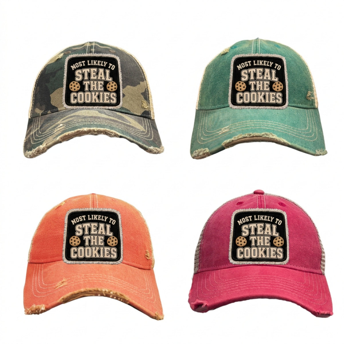 MOST LIKELY TO STEAL THE COOKIES distressed trucker hat - Camo, Green, Orange and Red