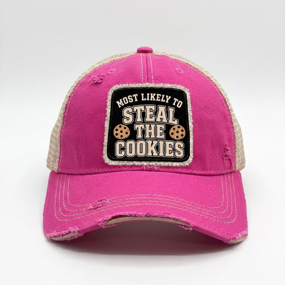 MOST LIKELY TO STEAL THE COOKIES distressed trucker hat - Hot Pink