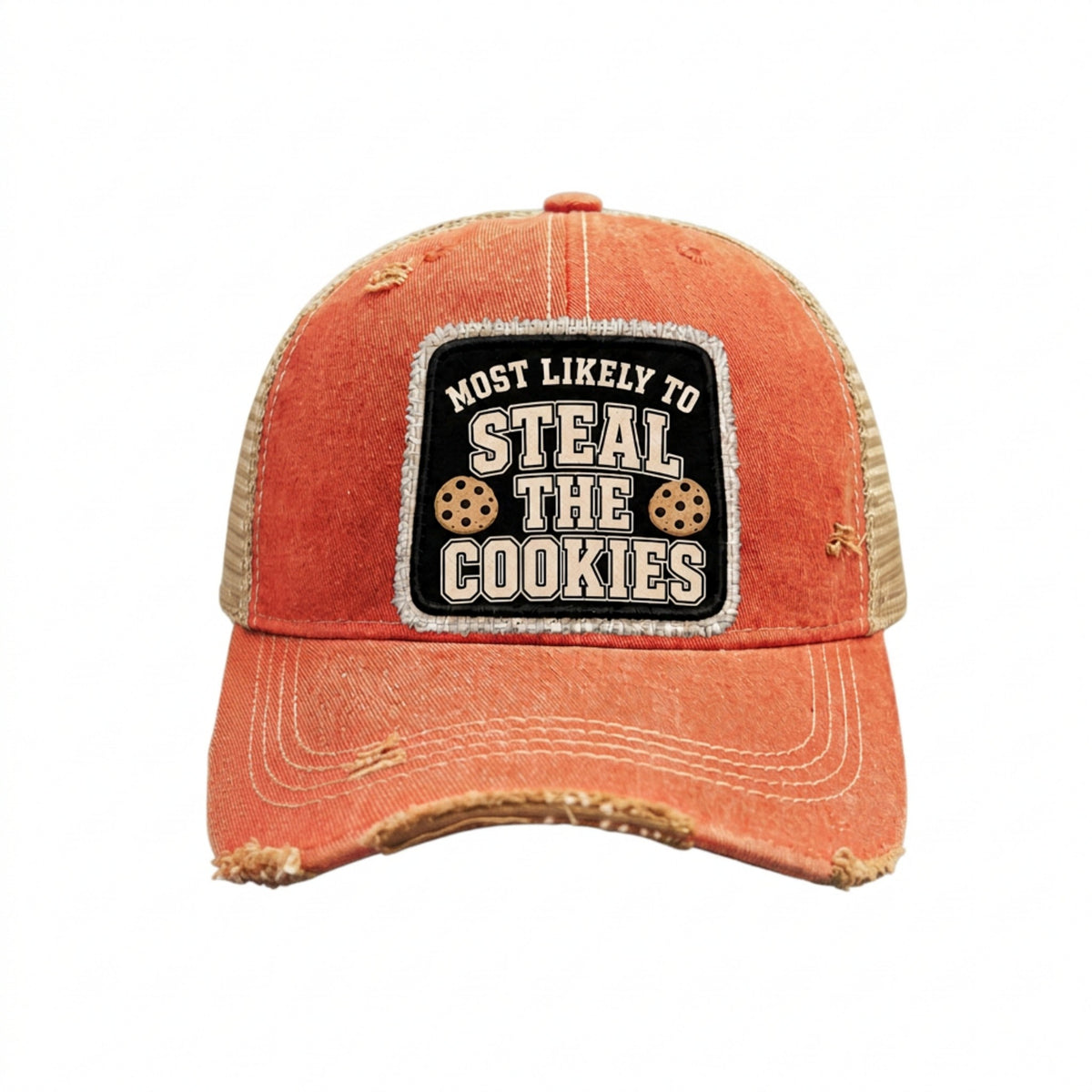 MOST LIKELY TO STEAL THE COOKIES distressed trucker hat - Orange
