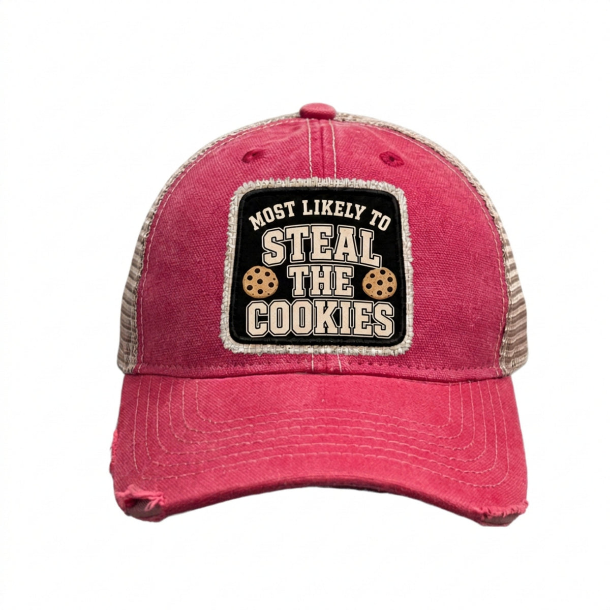 MOST LIKELY TO STEAL THE COOKIES distressed trucker hat - Red