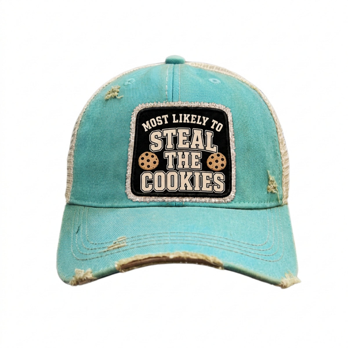 MOST LIKELY TO STEAL THE COOKIES distressed trucker hat - Turquoise
