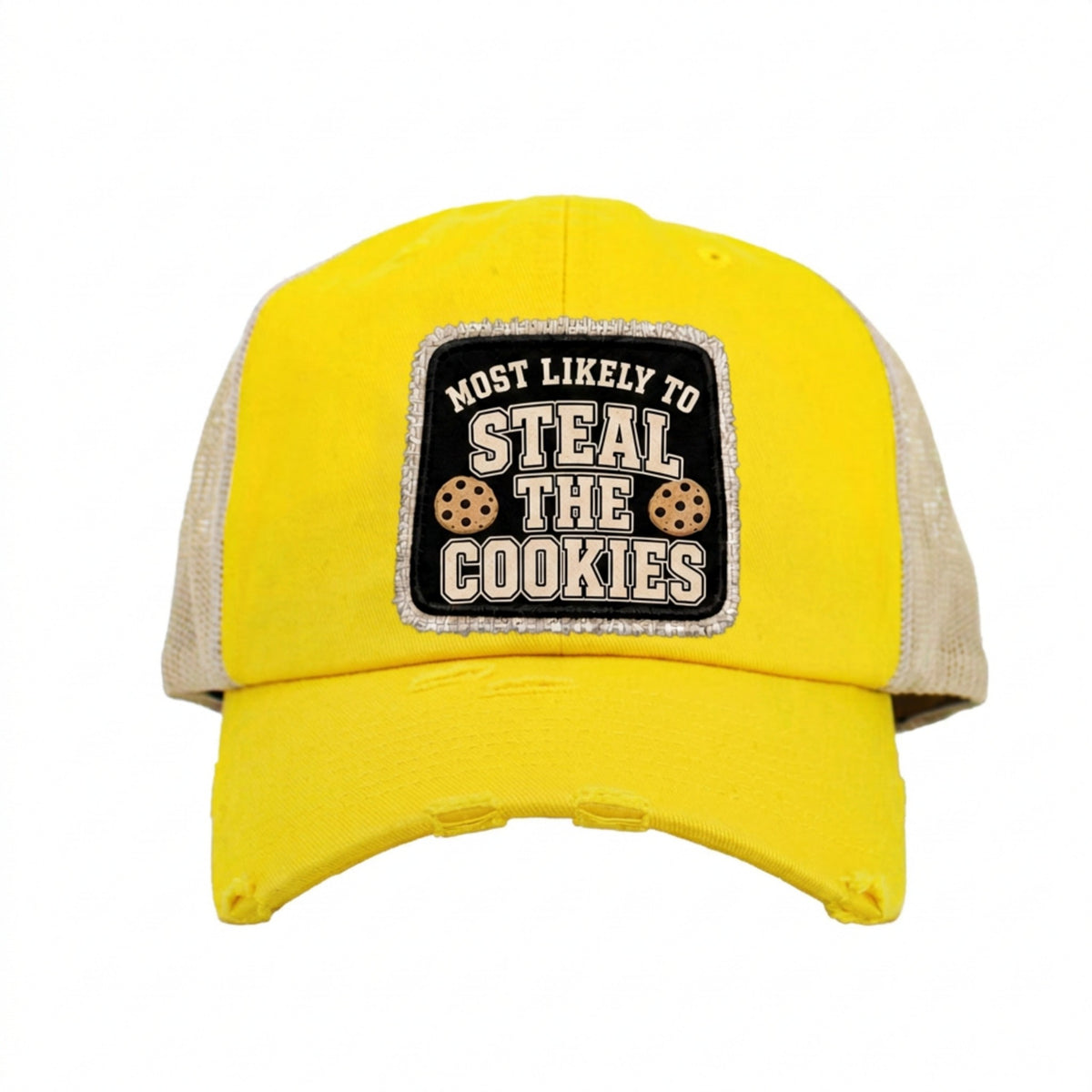 MOST LIKELY TO STEAL THE COOKIES distressed trucker hat - Yellow