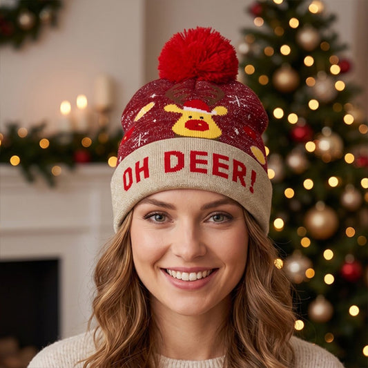 Oh Deer Christmas Pom Pom Knit Beanie - Red