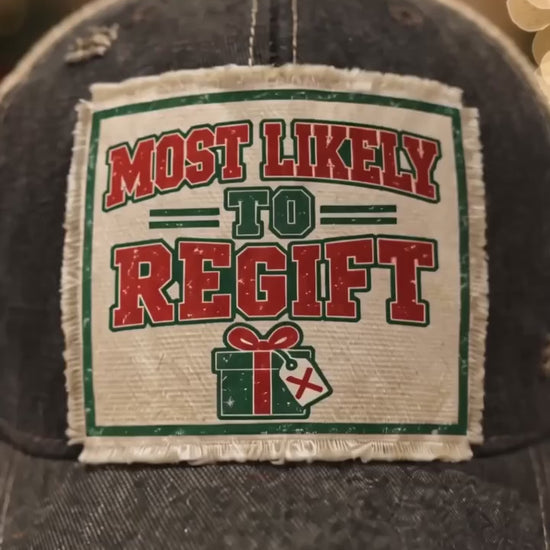 MOST LIKELY TO REGIFT trucker hat video - indoor Christmas party