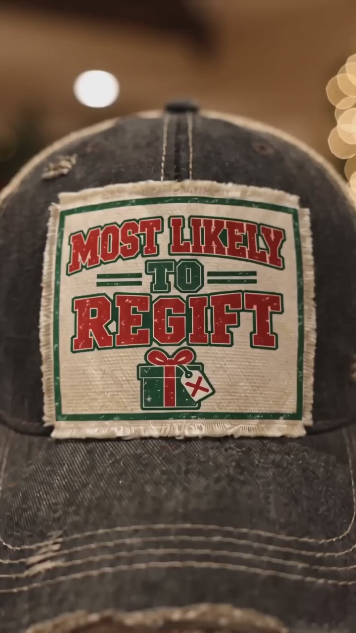 MOST LIKELY TO REGIFT trucker hat video - indoor Christmas party
