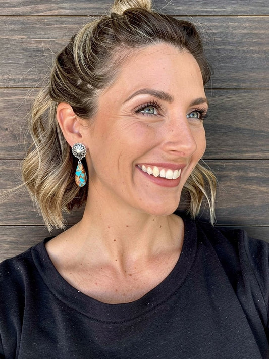 Natural Gemstone Silver Concho Drop Earings