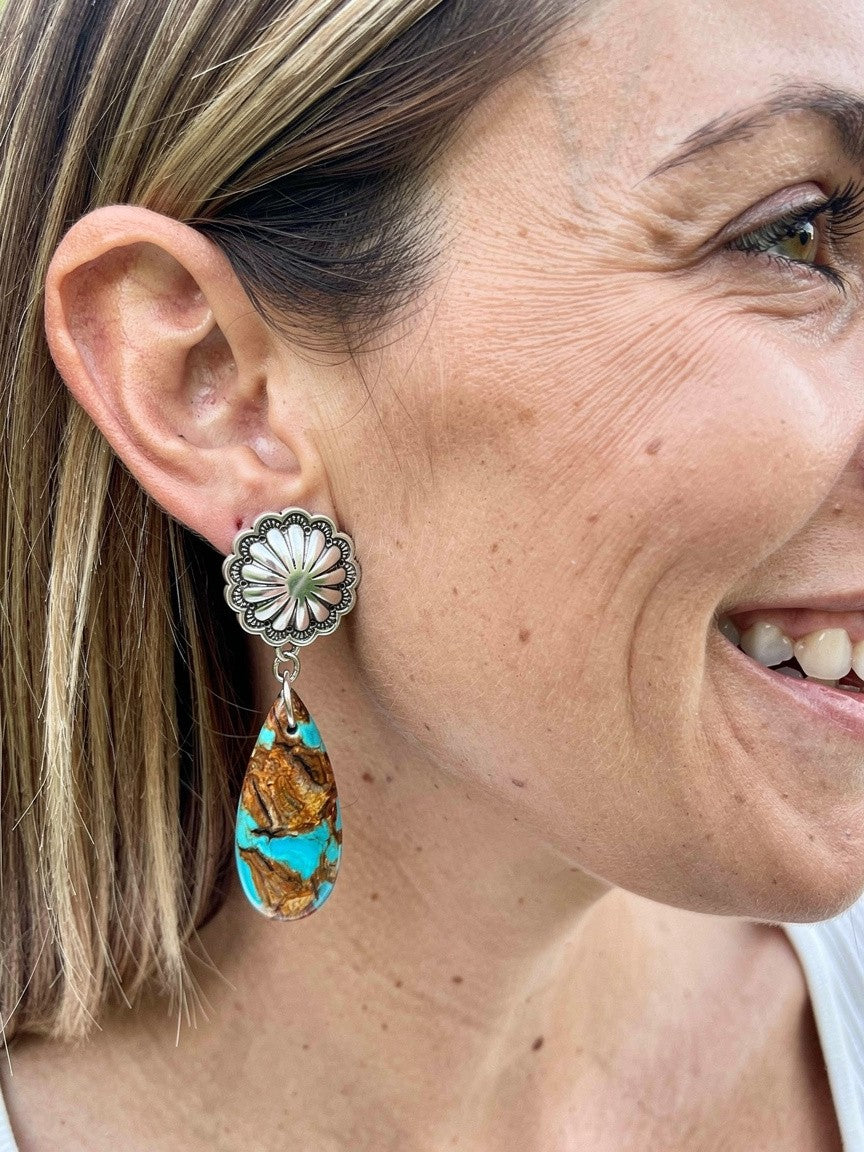 Natural Gemstone Silver Concho Drop Earings