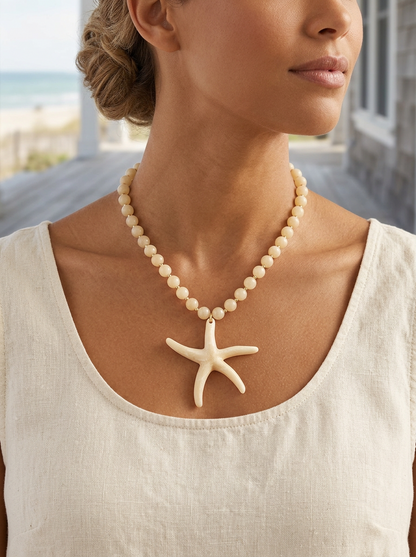 Marble Bead Sea Life Starfish Gold Necklace - Turquoise or Ivory
